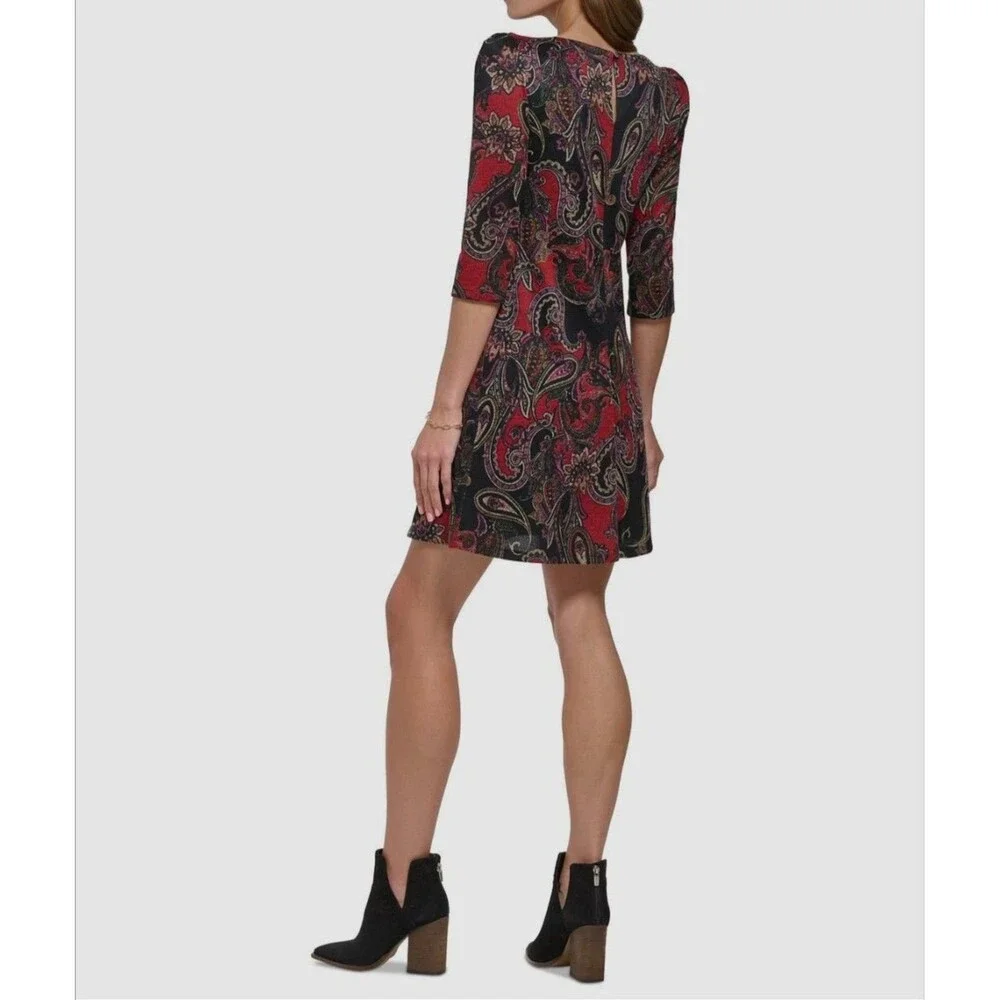 Jessica Howard Women's Paisley Print Knit A-Line Shift Dress Red Black Size PMed